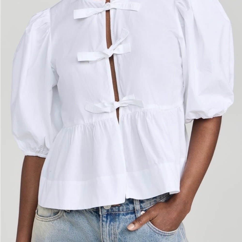 Ganni White Puff-Sleeve Tie-Front Blouse